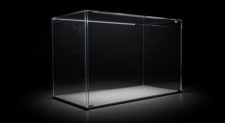 Empty glass display case with transparent walls on black background in minimalist style, copy space