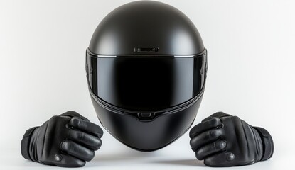 Black full-face motorcycle helmet with black gloves on a white background.