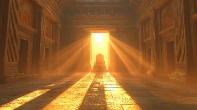 Golden rays illuminate an ancient temple interior with a majestic throne at the end