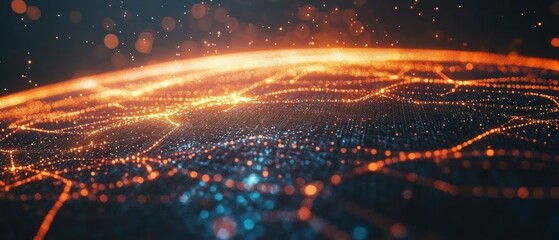 Abstract network depicts glowing nodes connecting in complex systems, representing global communication and futuristic technology.