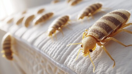 Naklejka premium Bed Bug Awareness Week. Close-up of bed bugs crawling on a mattress surface