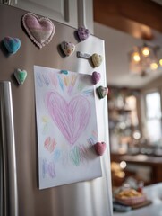 Children's colorful heart drawing on refrigerator in cozy home kitchen Stand For Children Day