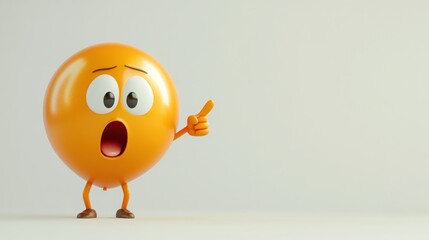 Fototapeta premium A cute 3D cartoon character with a balloon-like head, shocked expression, and finger pointing right with curiosity, plain white background with room for messaging