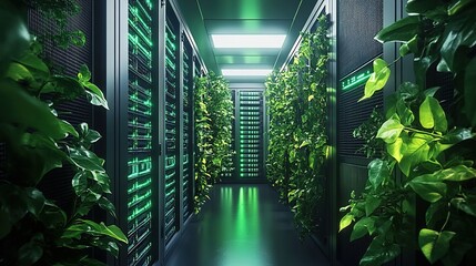 A narrow server room with black racks covered by green plants under fluorescent lights.