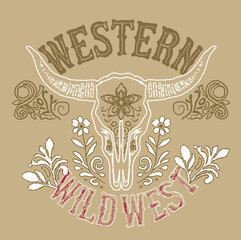 Western skull with floral Accents, skull and floral graphic with wild west text, wild west Illustration, and wild west typography