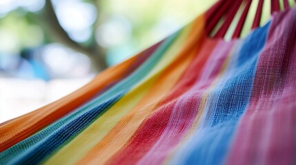 Close-up of colorful striped hammock fabric with blurred beach background, celebrating National Hammock Day