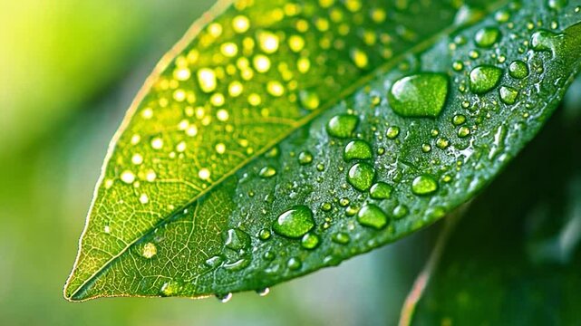 Dew drops on vibrant green leaf
