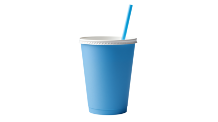 A light blue disposable cup with a white lid and a blue straw isolated on a black background isolated on transparent background