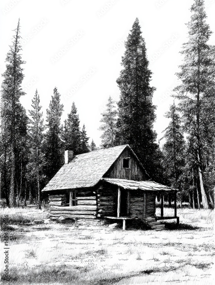 Poster charming rustic cabin nestled in dense woods created using cross-hatching technique generative ai
