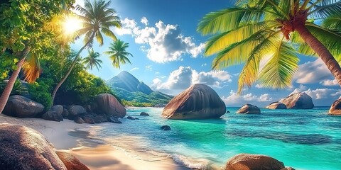 Fototapeta premium A tropical beach with palm trees, blue sky, white clouds, turquoise water, golden sand, large rocks, and distant mountains.