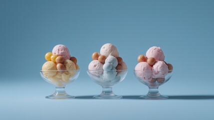 Bolas de helado de diferentes sabores en copas, fondo azul