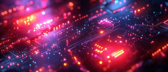 Circuit board glows intensely with red and blue lights, representing advanced data processing.