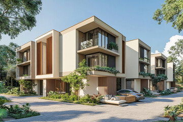 Fototapeta premium Modern Architectural Design Luxury Townhouses with Private Gardens