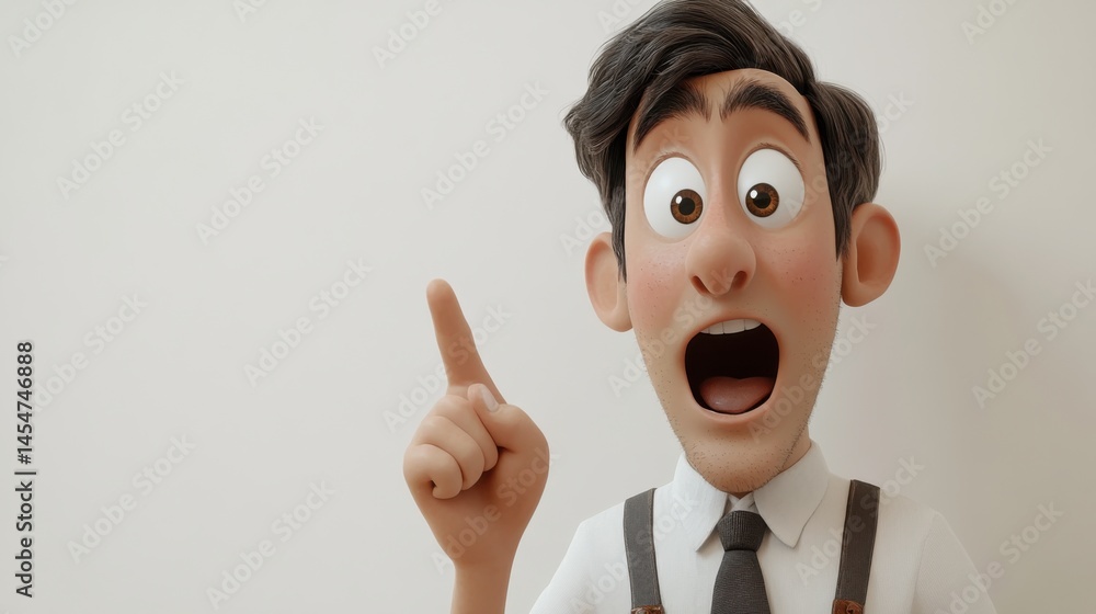 Poster a funny 3d-rendered character of a man with a comically oversized head, pointing to the right side w