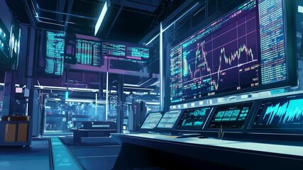 Futuristic data center, stock market analysis interface with interactive graphs displaying - Powered by Adobe