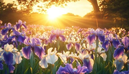 Obraz premium A field of blooming irises at sunset, with purple and white gradient flowers, sunlight shining on the petals.