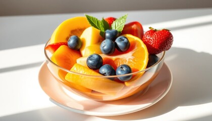 Bright fruit salad with various fruits in a glass bowl under natural light, perfect for a healthy dessert or snack concept