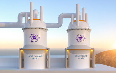 concept of a SMR small modular nuclear reactor power plant on a sunny day. SMR is a future energy concept. 3d rendering.