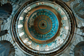 Fototapeta premium Intricate Painted Dome Interior of a Historic Mosque with Vibrant Colors and Ornate Designs