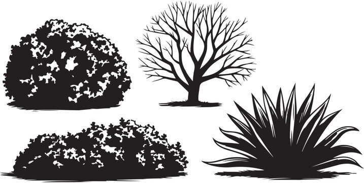 A vector illustration of a white background with a set of bush and bare bush decorative garden plants silhouettes featuring multiple bushes with varying shapes and sizes, some with leaves