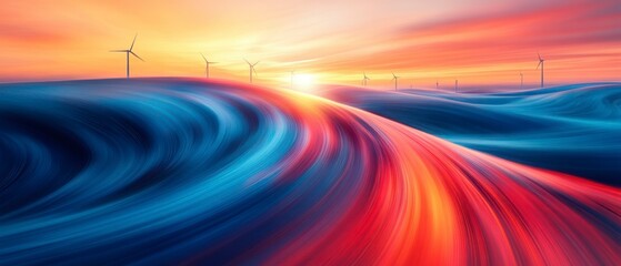 Wind turbines stand tall as abstract streamline landscape moves rhythmically towards horizon, evoking sense of technological advancement, clean energy.
