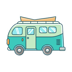 Retro camper van vector illustration for travel and adventure with surfboard on top for summer vibes