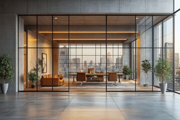 Obraz premium Modern, minimalist office interior with city views.