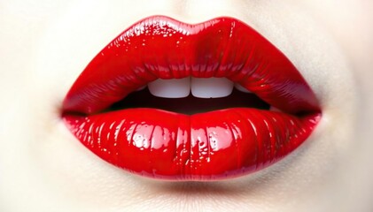 Obraz premium Close-up vibrant red lips, stark white backdrop, glamour, macro, close-up