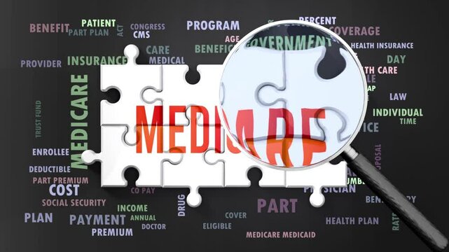 Medicare under magnifying glass, being researched, studied and examined. Most important subjects and ideas closely related to medicare written around a puzzle.Can be looped.