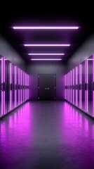Fototapeta premium Purple Neon Lights Mirror Hallway 8K Interior Design Futuristic Corridor Abstract Backg