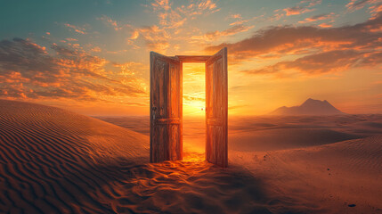 Surreal scene of a wooden door standing open in a vast desert at sunset, symbolizing opportunity, mystery, and imaginative exploration.
