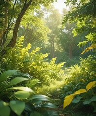 Abstract green and yellow shapes, blurred foliage, sunlit scene ,  creative,  texture,  pattern