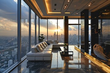 An opulent penthouse offering breathtaking skyline vistas nestled above the dynamic rhythm of the citys ever moving heartbeat