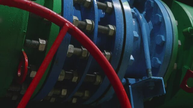 Industrial flanged pipe connection with bolts and sealing joints for engineering, close up. Pipeline systems, mechanical industry.
