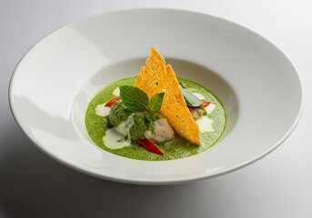 Gourmet Dish with Green Sauce and Crispy Chip