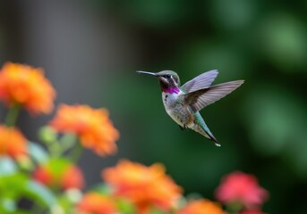 Hummingbird near orange flowers