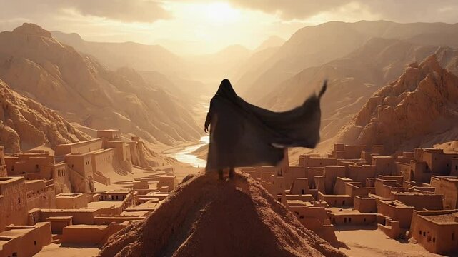 A towering cloaked figure face shadow peers down jagged mountain ridge, silhouette backlit golden sun. lost Mesopotamian style city lies river, swirling sand time-worn statues. watcher&rsquo;s cloak flows