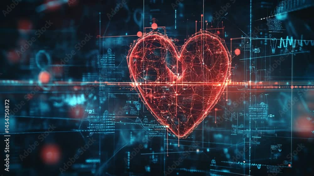 Poster digital heart with glowing connections and futuristic interfaces concept animation