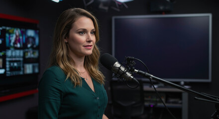 Young woman voicing a character in a professional recording studio. Recording a news podcast or radio show, female journalist or presenter at work, voicing characters for news