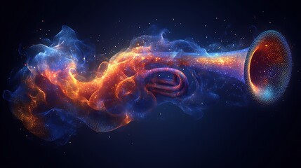 Obraz premium A digitally rendered trumpet composed of colorful swirling particles