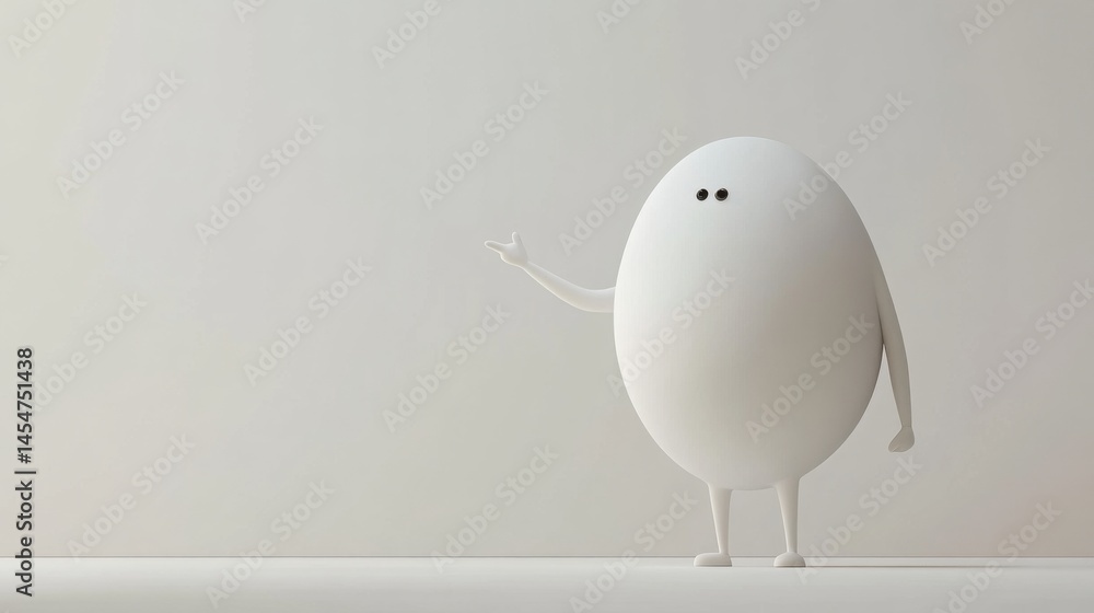 Poster a minimalist 3d cartoon design of a man with a huge round head, casually pointing right, simple whit