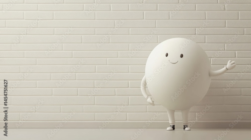Poster a minimalist 3d cartoon design of a man with a huge round head, casually pointing right, simple whit