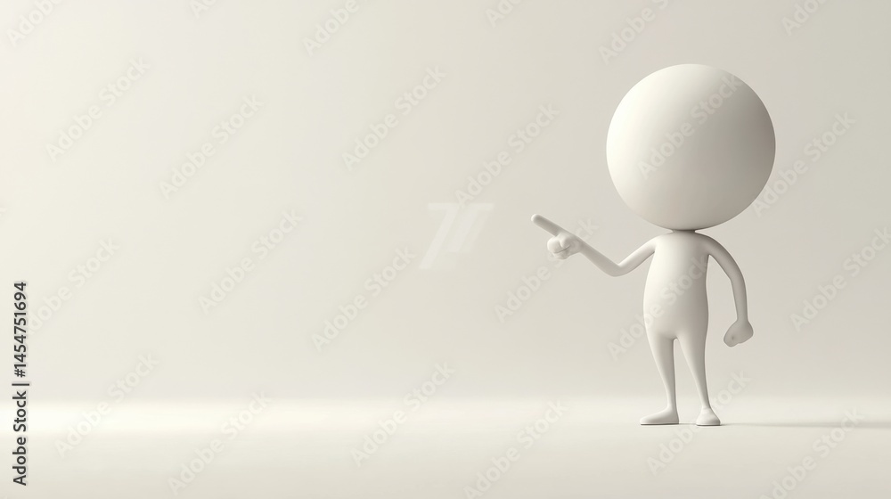 Poster a minimalist 3d cartoon design of a man with a huge round head, casually pointing right, simple whit