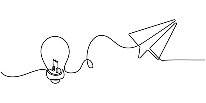 bulb with paper plan continuous one line Light Bulb, Creativity, Aspirations Continuous Line Icon, Continuous line drawing paper plane, mind, and bulb. Creative solution strategy landing page vector. 