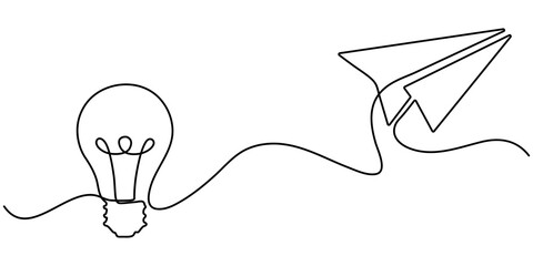 bulb with paper plan continuous one line Light Bulb, Creativity, Aspirations Continuous Line Icon, Continuous line drawing paper plane, mind, and bulb. Creative solution strategy landing page vector. 