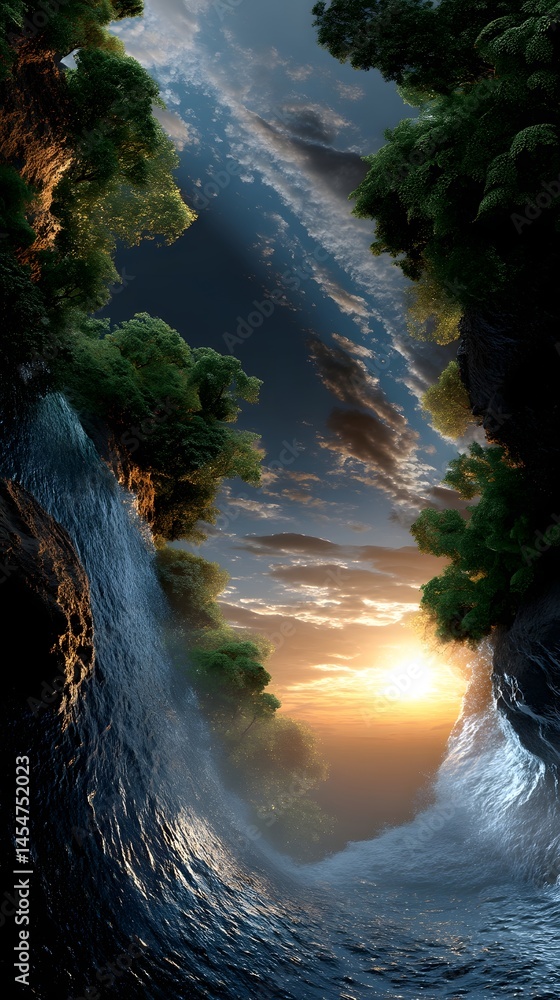 Poster captivating image of a wave crashing onto a beach under celestial light and vibes