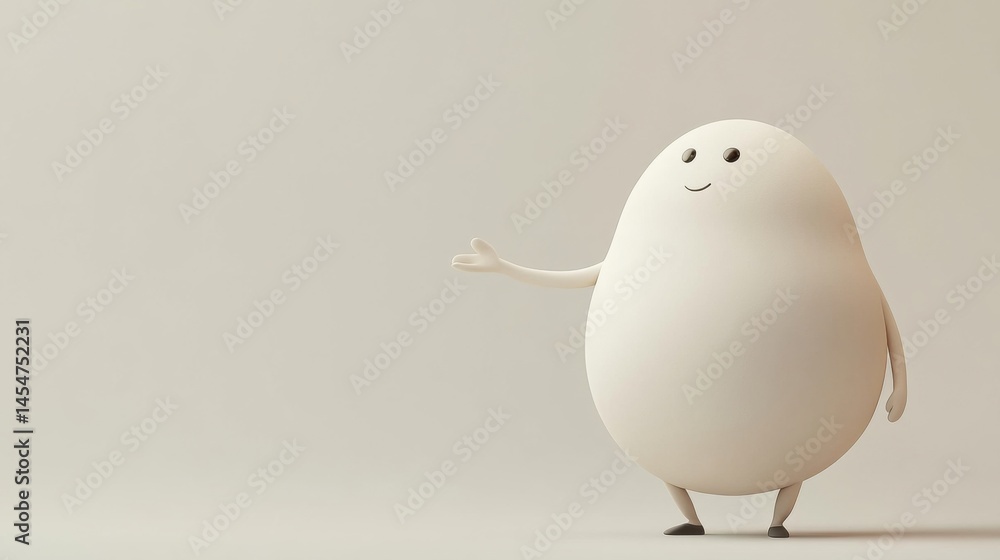 Poster a minimalist 3d cartoon design of a man with a huge round head, casually pointing right, simple whit