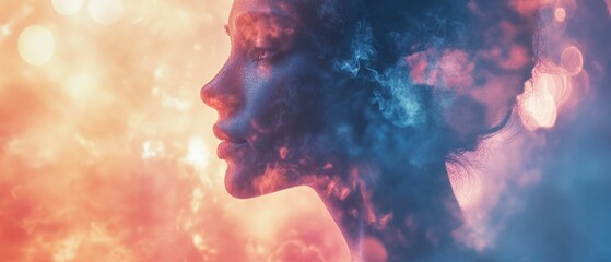 Woman profile is overlaid with clouds and smoke, creating dreamlike effect.