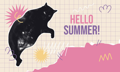 Funky Summer halftone Cat Collage with Retro Colors and Hello Message