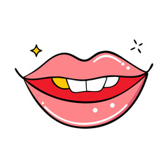 Obraz premium Illustration of pink lips with golden tooth dental grillz and sparkling stars design art